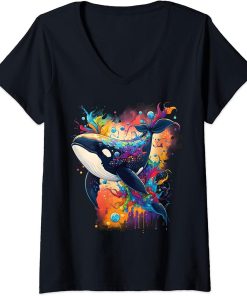 Womens Colourful mystical orca whale watching dolphin pottwhale orca whale V-Neck T-Shirt