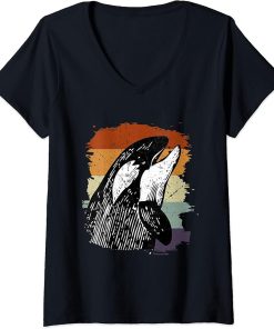 Womens Orca whale vintage retro killer whale art design V-Neck T-Shirt