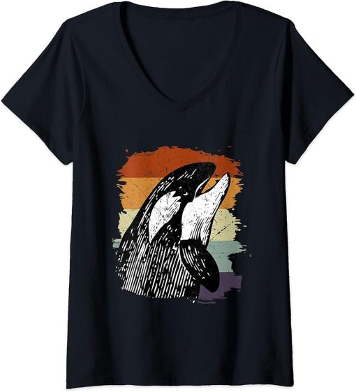 Womens Orca whale vintage retro killer whale art design V-Neck T-Shirt